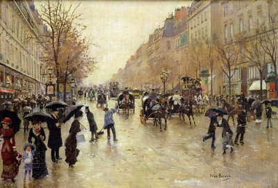 Boulevard Poissonniere im Regen, ca. 1885 von Jean Beraud